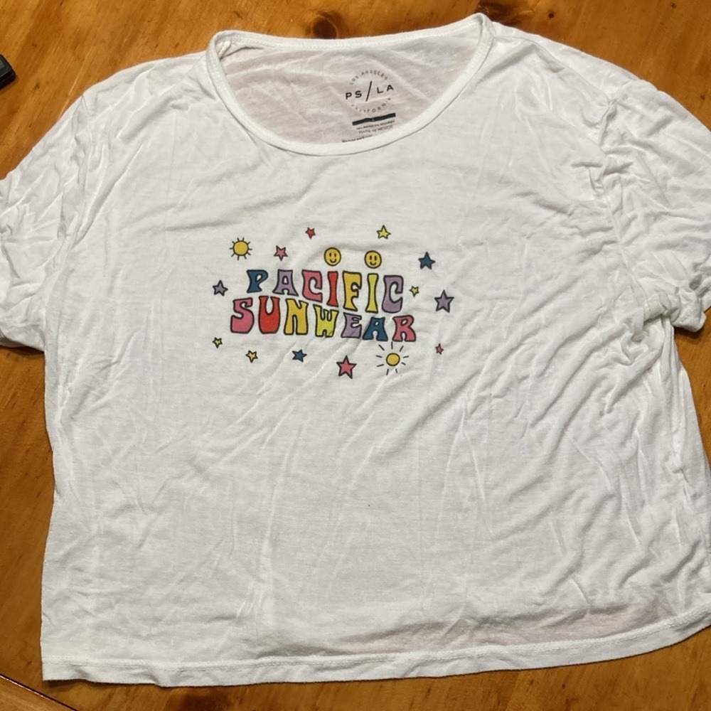 PacSun LA White Cropped Graphic Baby Tee T-Shirt Pacific Sunwear Logo Large - Picture 6 of 7